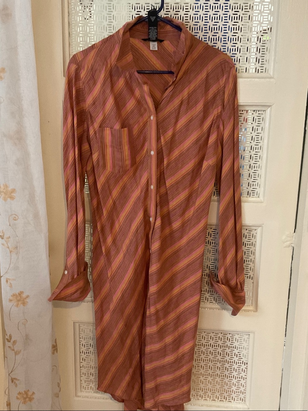Moda International Diagonal Stripe Long Sleeve Shirt Dress in Rust and Pink